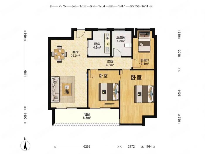 绿城沁园 3室2厅1卫 96m²