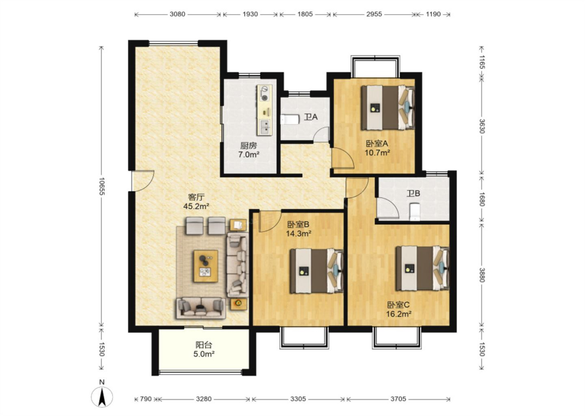 中南珑悦 3室2厅2卫 115m&sup2;