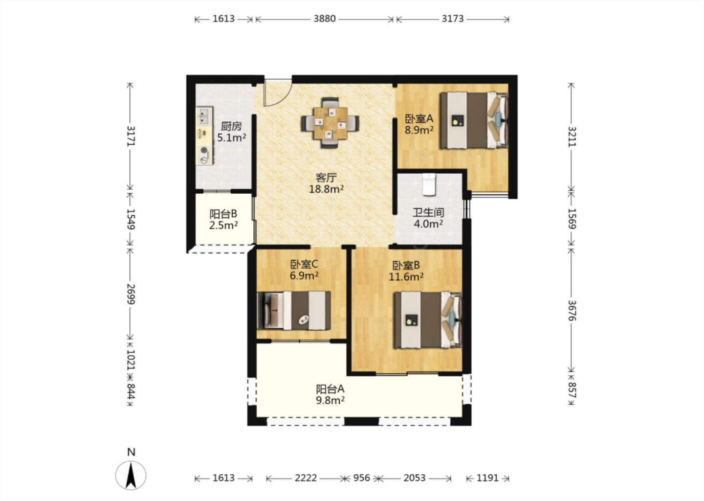 华强城 3室2厅1卫 86.39m&sup2;