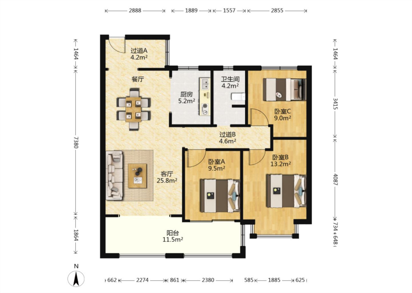 华强城 3室2厅1卫 108m&sup2;