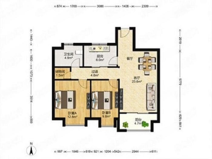 万科濠河传奇 2室2厅1卫 90.00m&sup2;