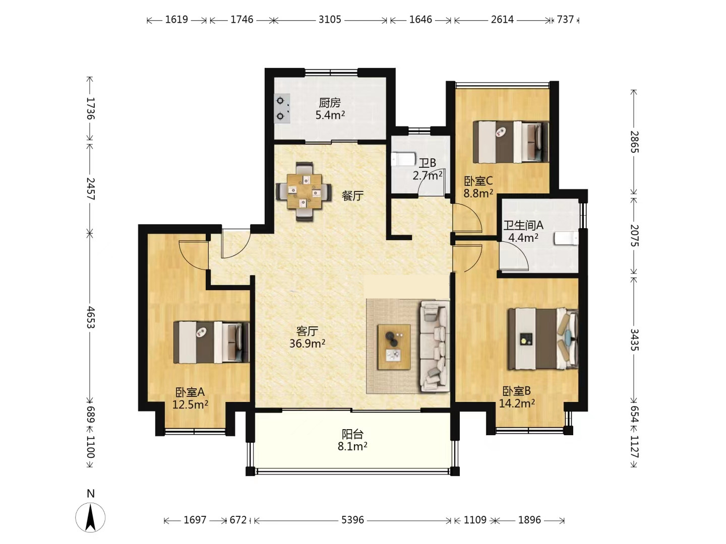 雍华府 3室2厅2卫 117.00m&sup2;