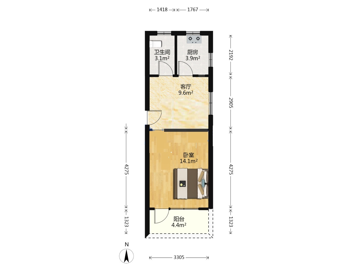 民主新村 1室1厅1卫 47.4m&sup2;