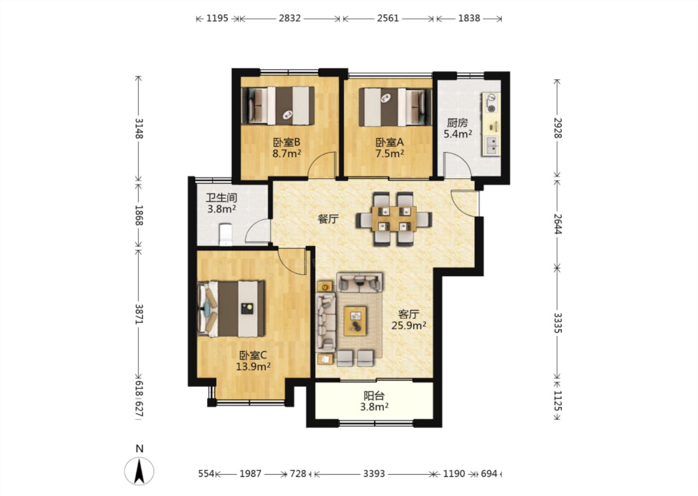 御景澜庭 3室2厅1卫 94m&sup2;