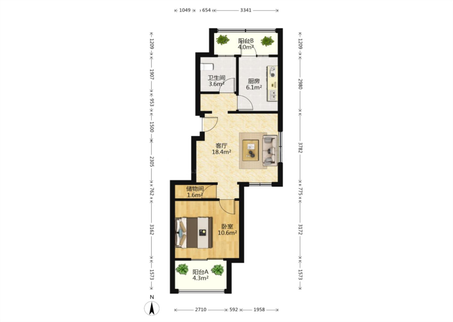 兴石花园 1室1厅1卫 65.45m&sup2;