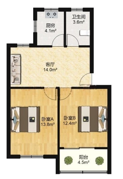 南川园新村 2室1厅1卫 60m&sup2;