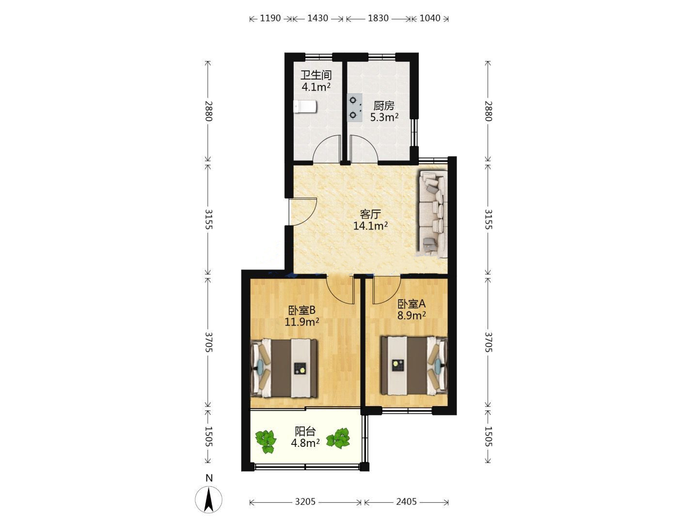 南川园新村 2室1厅1卫 60m&sup2;