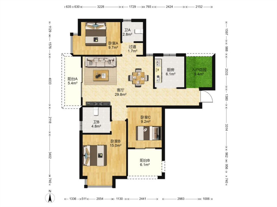 华强城 3室2厅2卫 117.00m&sup2;