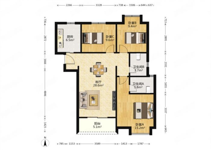 中海碧林湾 3室2厅2卫 108.00m&sup2;