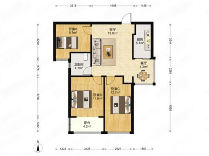 华强城 2室1厅1卫 80m&sup2;