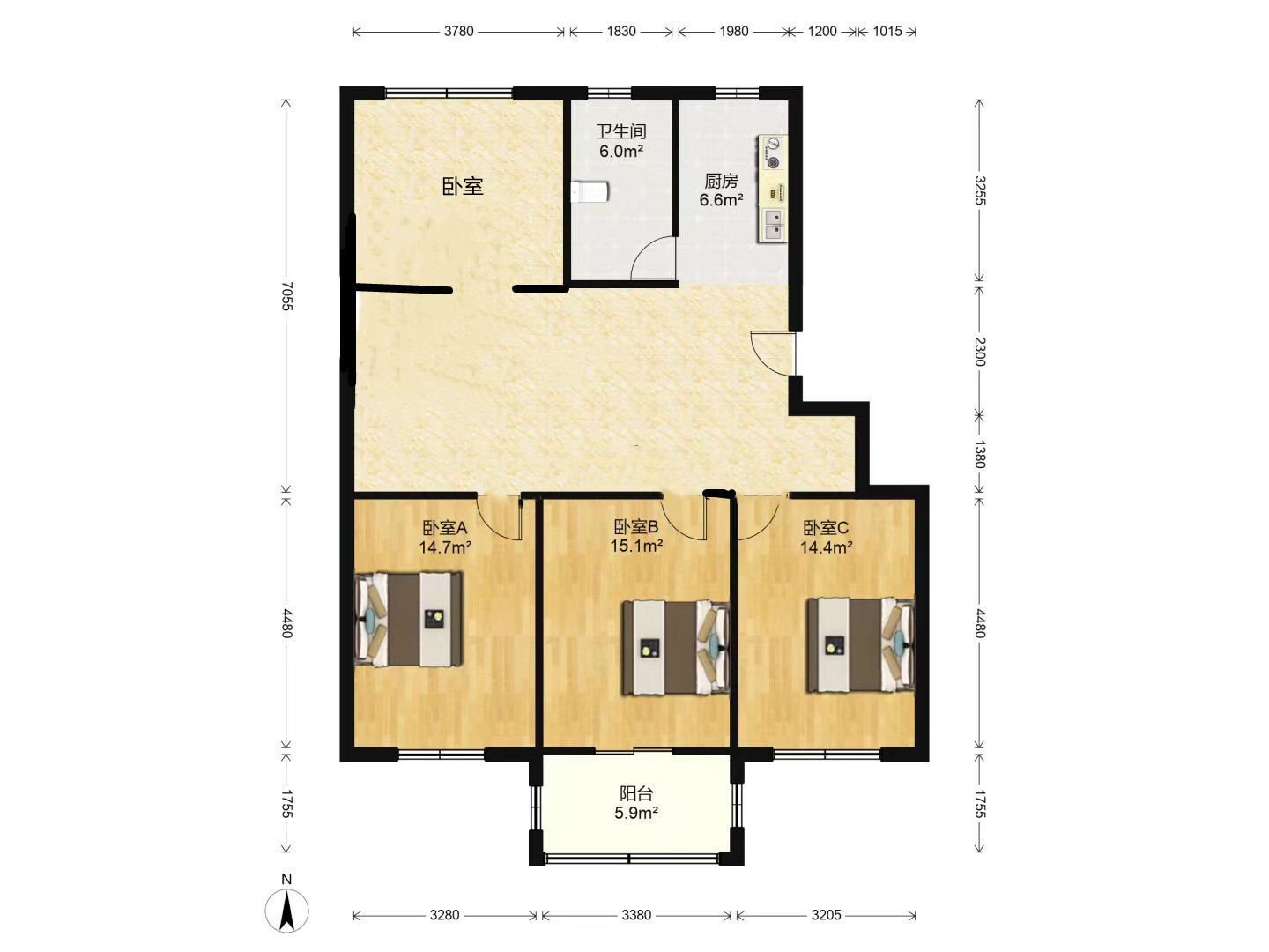 五山家园 3室2厅1卫 115.00m&sup2;