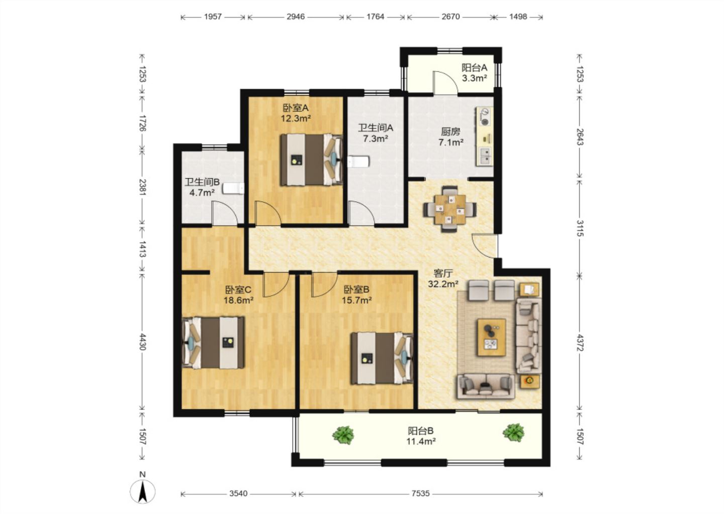 龙田花苑一期 3室2厅2卫 137.00m&sup2;