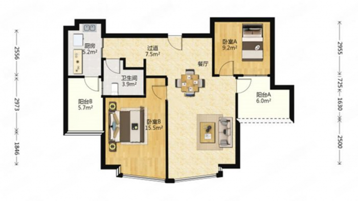 绿城玉兰公寓 2室2厅1卫 93m&sup2;