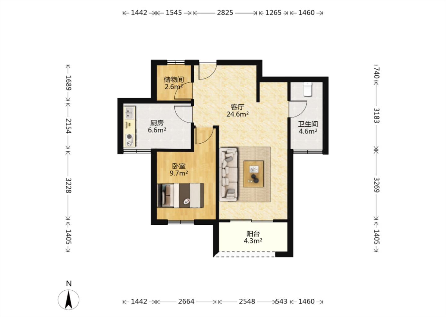 中创大都会 1室1厅1卫 69.8m&sup2;