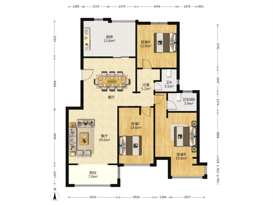 华强城 3室2厅2卫 135.69m&sup2;