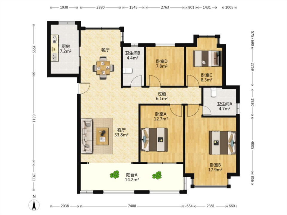 华强城 4室2厅2卫 146.31m&sup2;