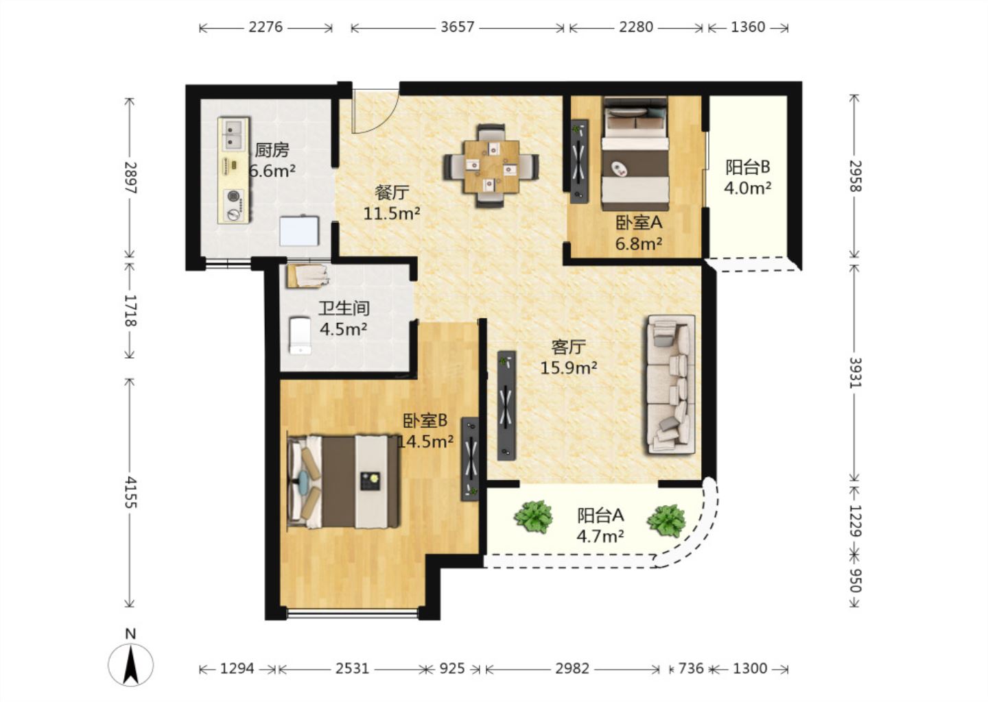 光明幸福天地 2室1厅1卫 89m&sup2;