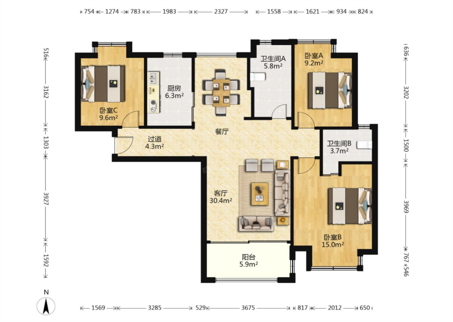 华强城 3室2厅1卫 120.72m&sup2;