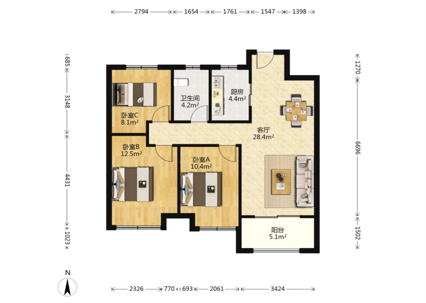 新城香溢紫郡 3室2厅1卫 96.7m&sup2;