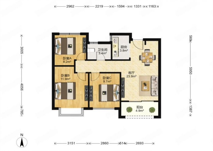中南熙悦(南通经济技术开发区) 3室2厅1卫 90m&sup2;