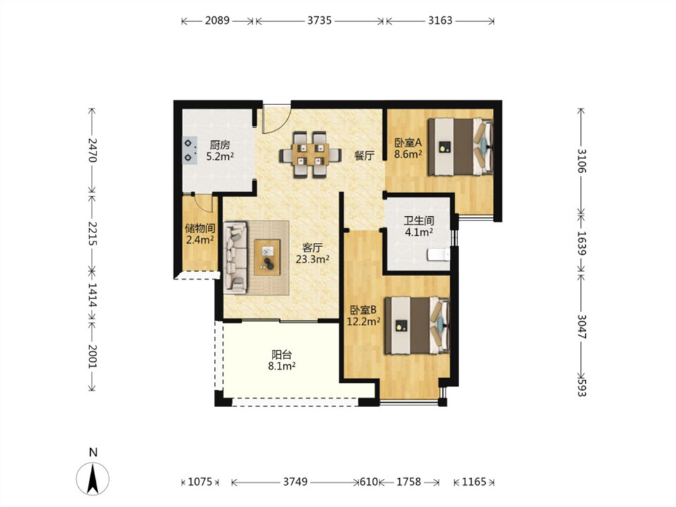 华强城 2室2厅1卫 81.5m&sup2;