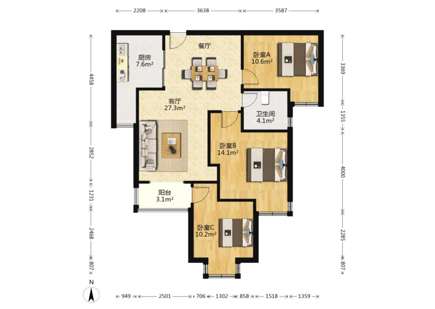 华强城 3室2厅1卫 100.33m&sup2;