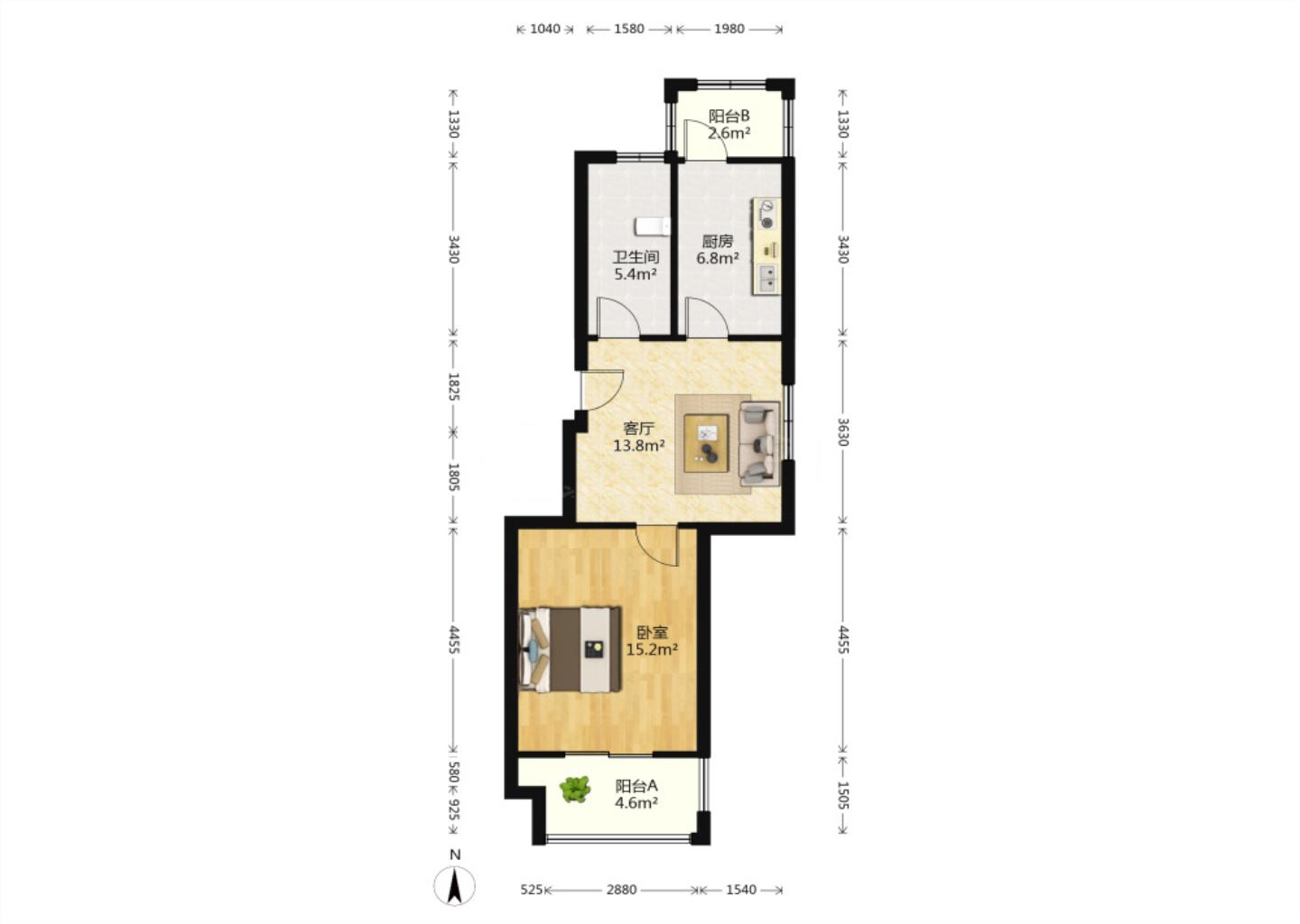 紫东南苑南区 2室2厅1卫 62.00m&sup2;