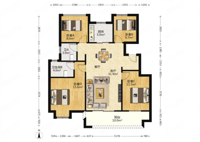 雍锦澜湾 4室2厅2卫 114m&sup2;