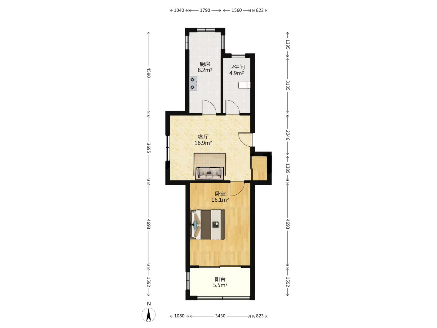新港花苑 1室1厅1卫 56.28m&sup2;