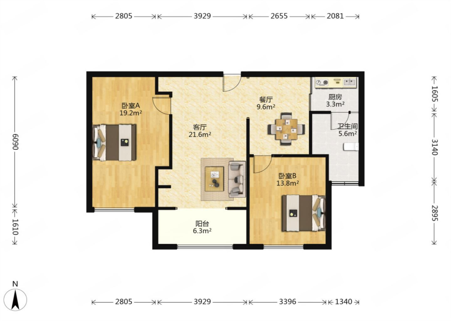 中南世纪花城一期 2室2厅1卫 99.85m&sup2;