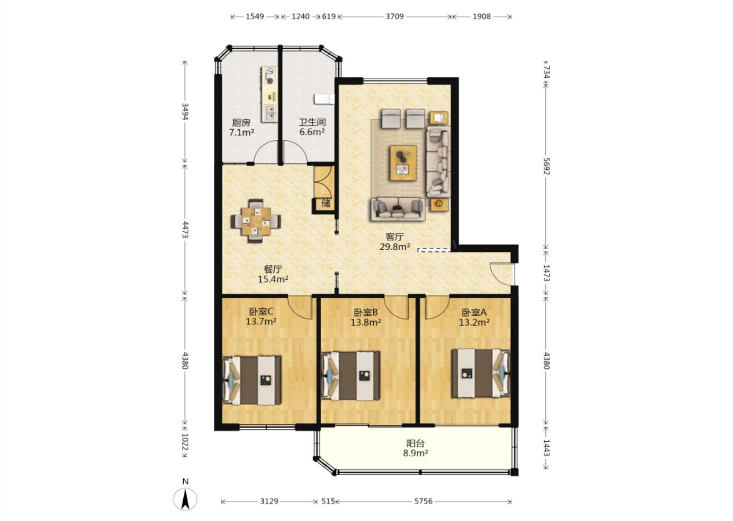 莲花苑 3室2厅1卫 124.1m&sup2;