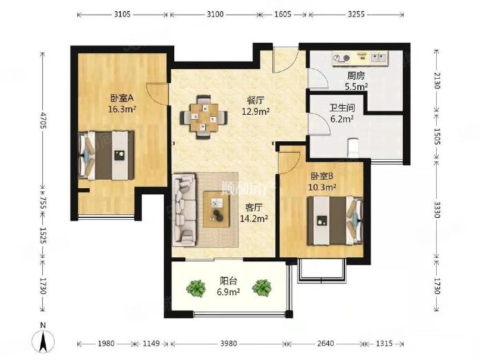 恒盛豪庭 2室2厅1卫 96m&sup2;