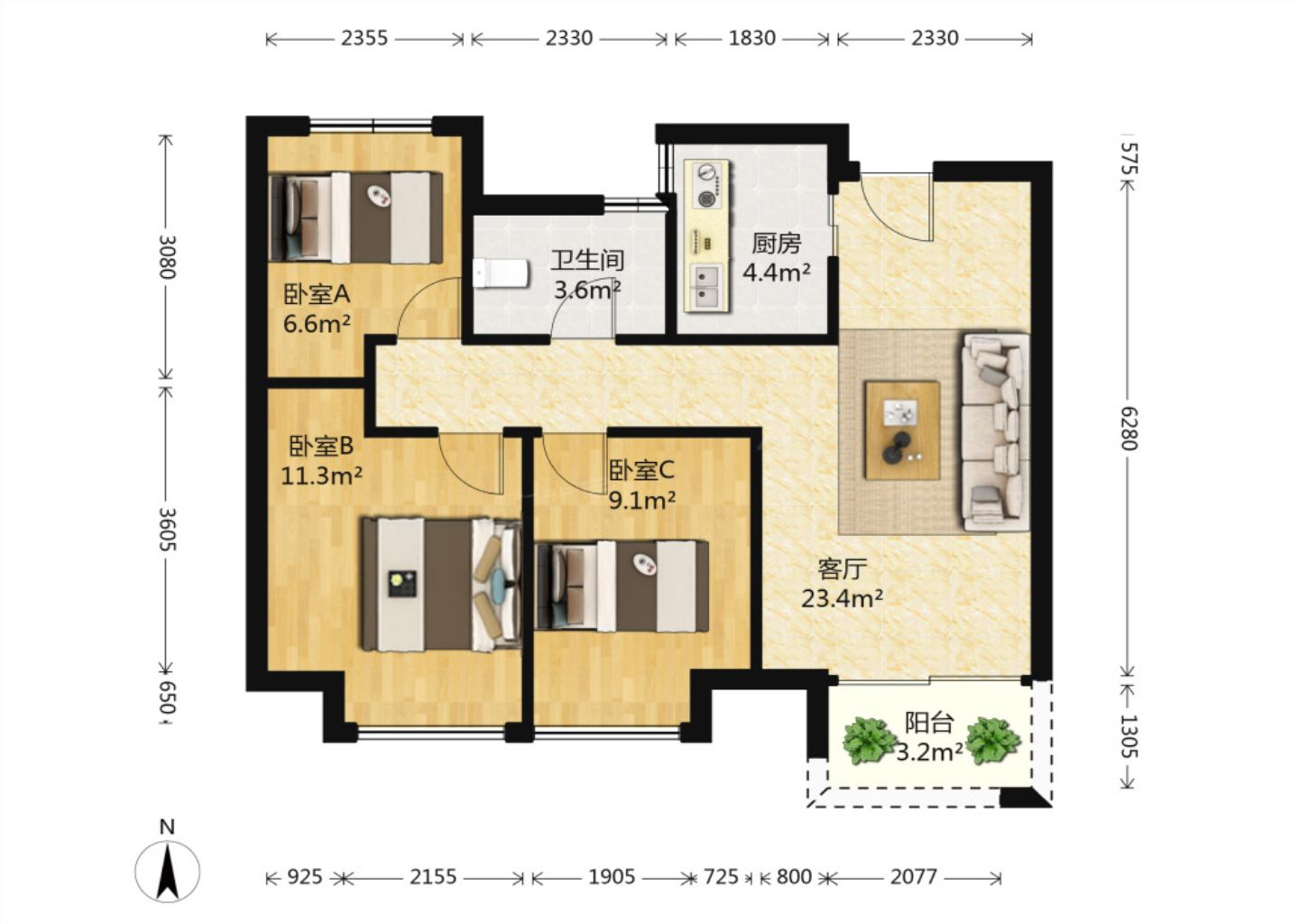 绿地新里城 3室2厅1卫 91m&sup2;