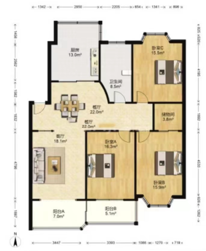 凯旋花园 3室2厅1卫 132m&sup2;