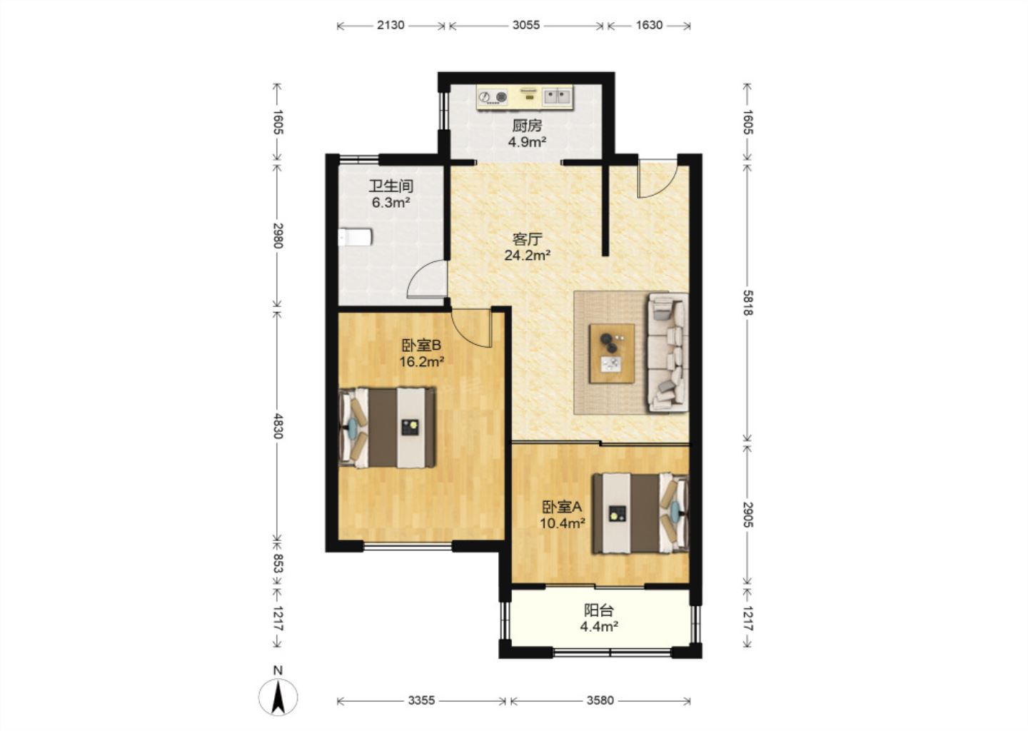 中南世纪花城二期 2室2厅1卫 69.98m²