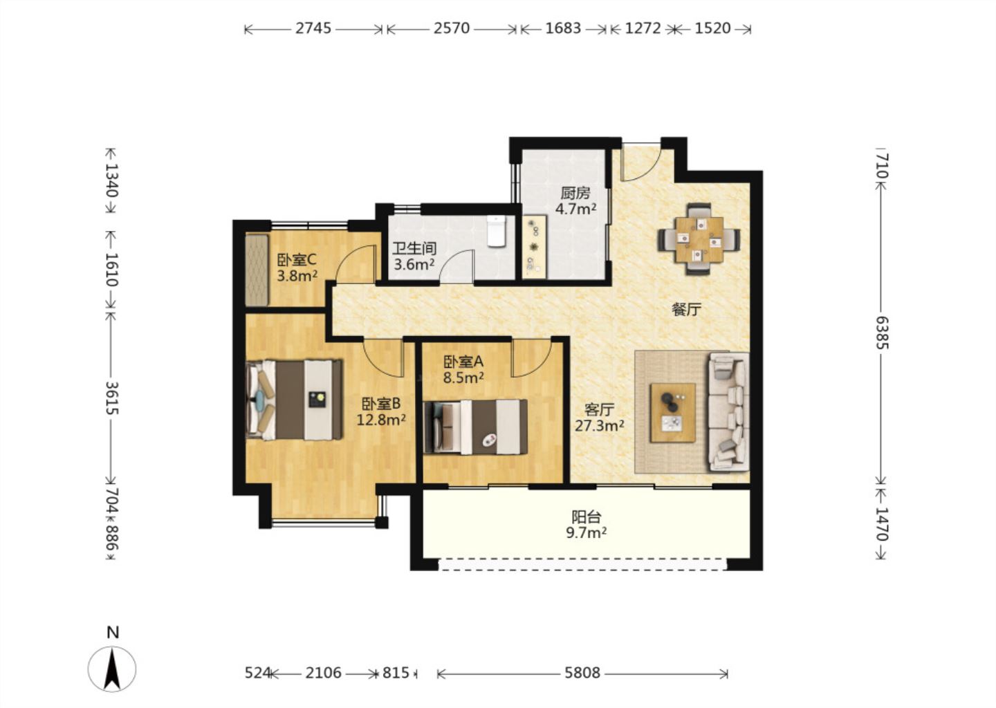 时光漫城 3室2厅1卫 93.00m&sup2;