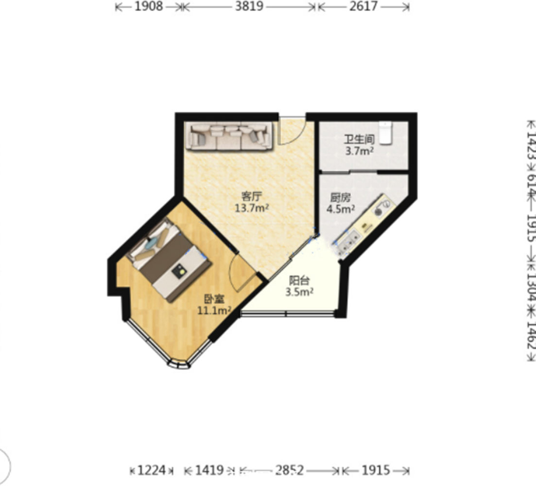 优山美地花园北区 1室1厅1卫 61m&sup2;