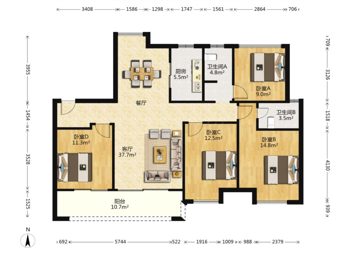 远创樾府 4室1厅1卫 130.88m&sup2;