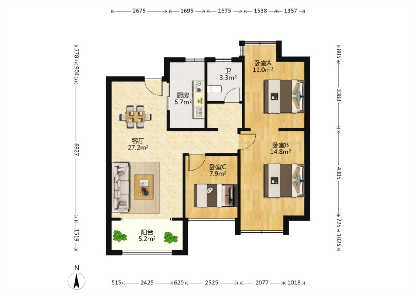 江景瑞园 3室2厅1卫 91m&sup2;