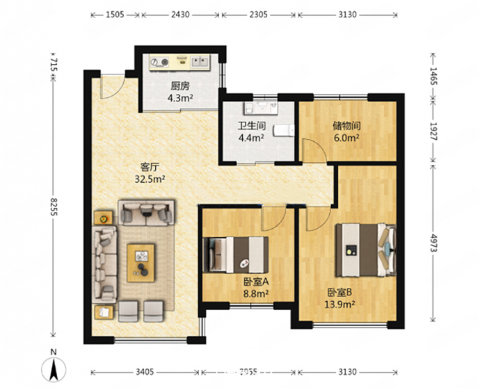 中港翡翠城 2室2厅1卫 87m²