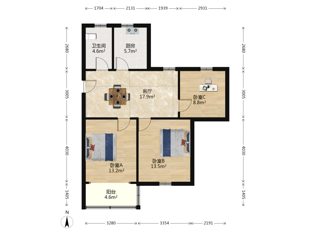 学田北苑 3室2厅1卫 91.55m&sup2;