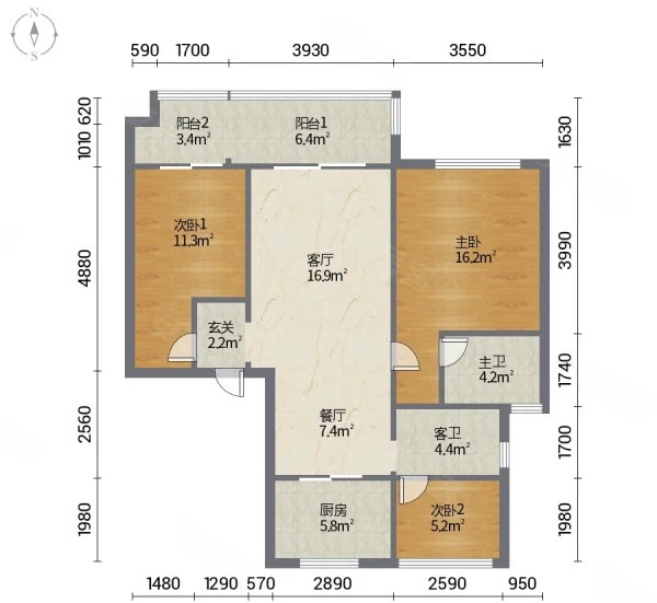 红星天铂 3室1厅2卫 117.00m&sup2;