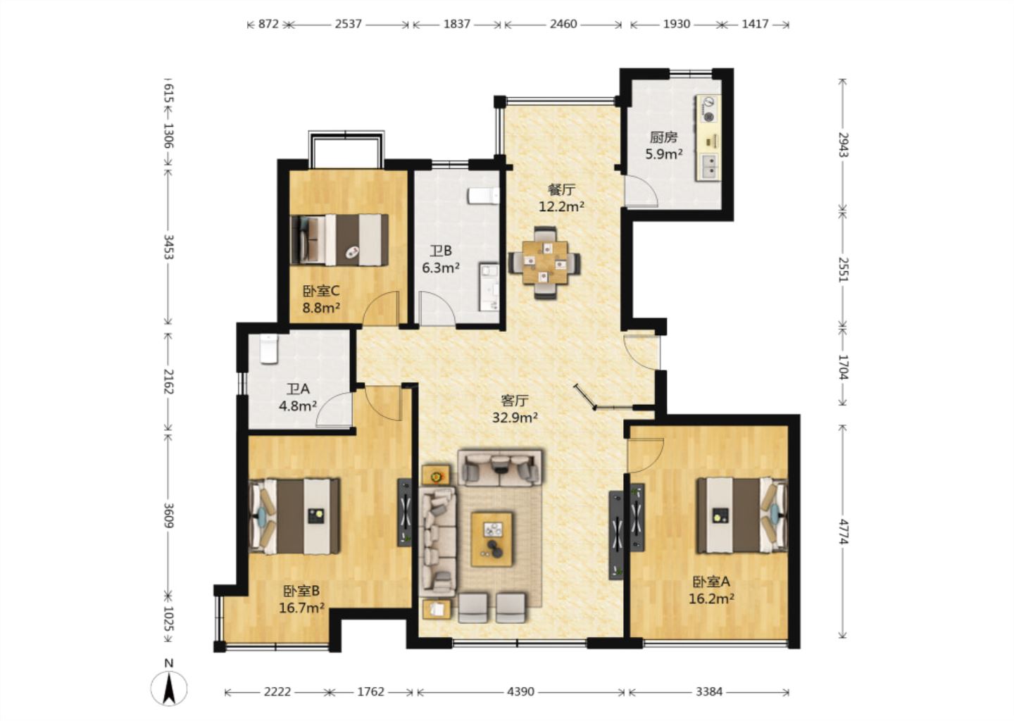 中港城 3室2厅2卫 130m&sup2;