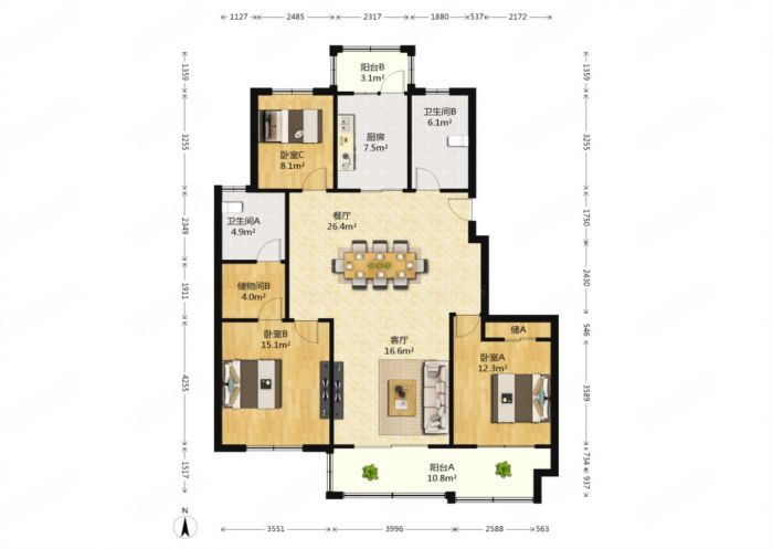 隆兴福里 3室2厅2卫 145m&sup2;