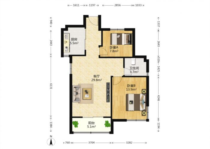万通城 2室2厅1卫 75m&sup2;
