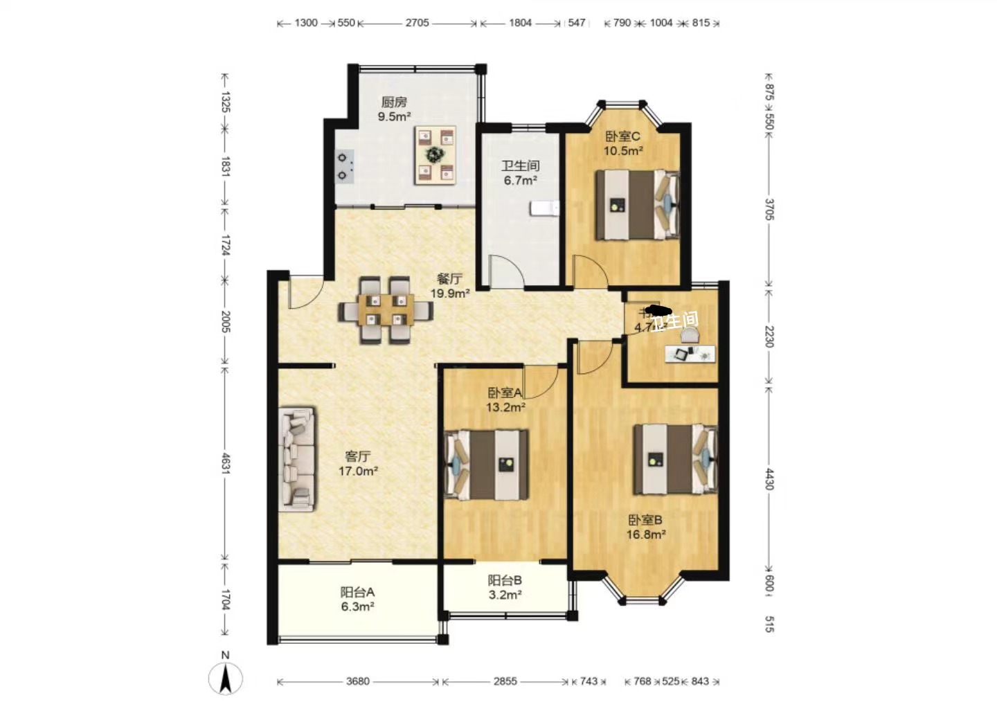 虹景园 3室2厅2卫 131.00m&sup2;