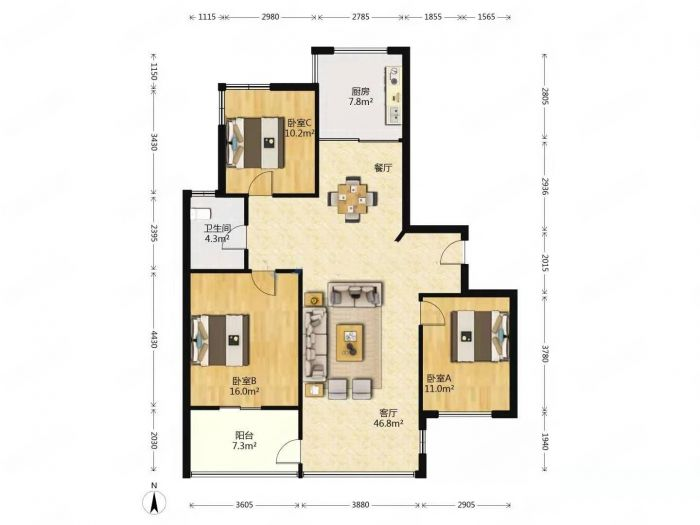 苏建名都城 3室1厅1卫 109.00m&sup2;