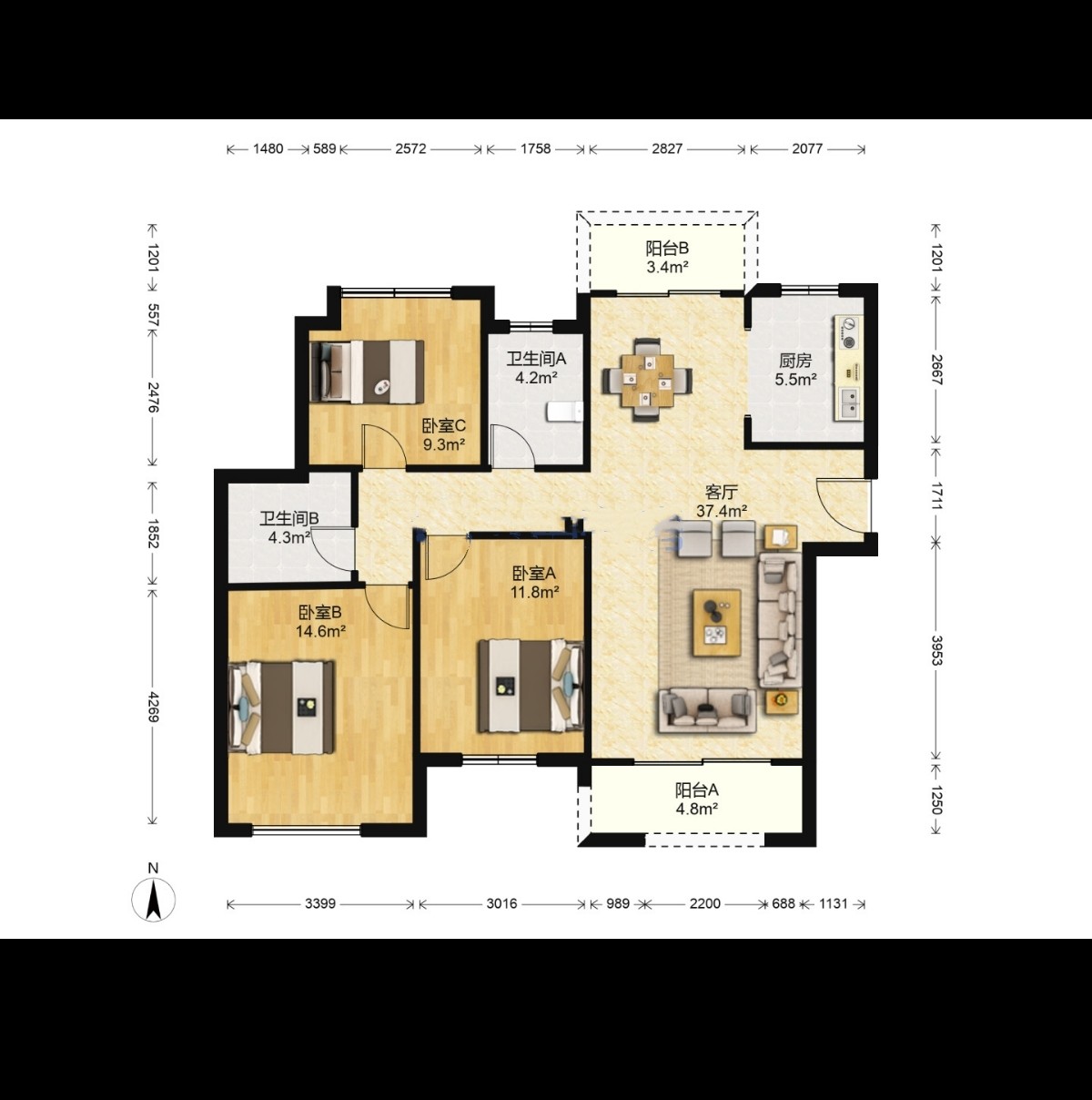 景瑞望府 3室2厅2卫 126.00m&sup2;