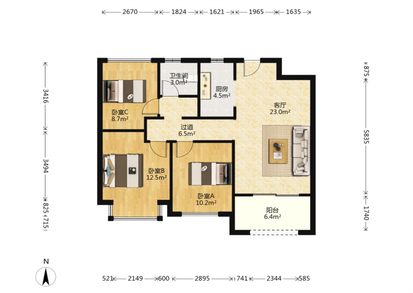 林肯公园 3室2厅1卫 93m&sup2;