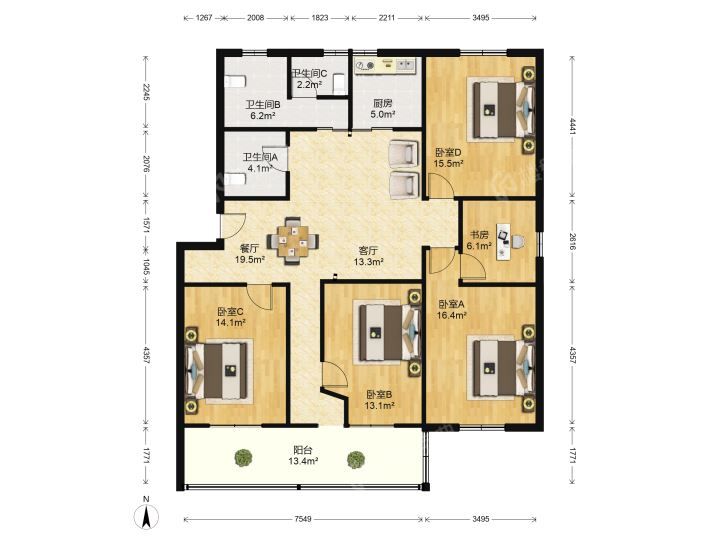 学田东苑 4室2厅1卫 143m&sup2;
